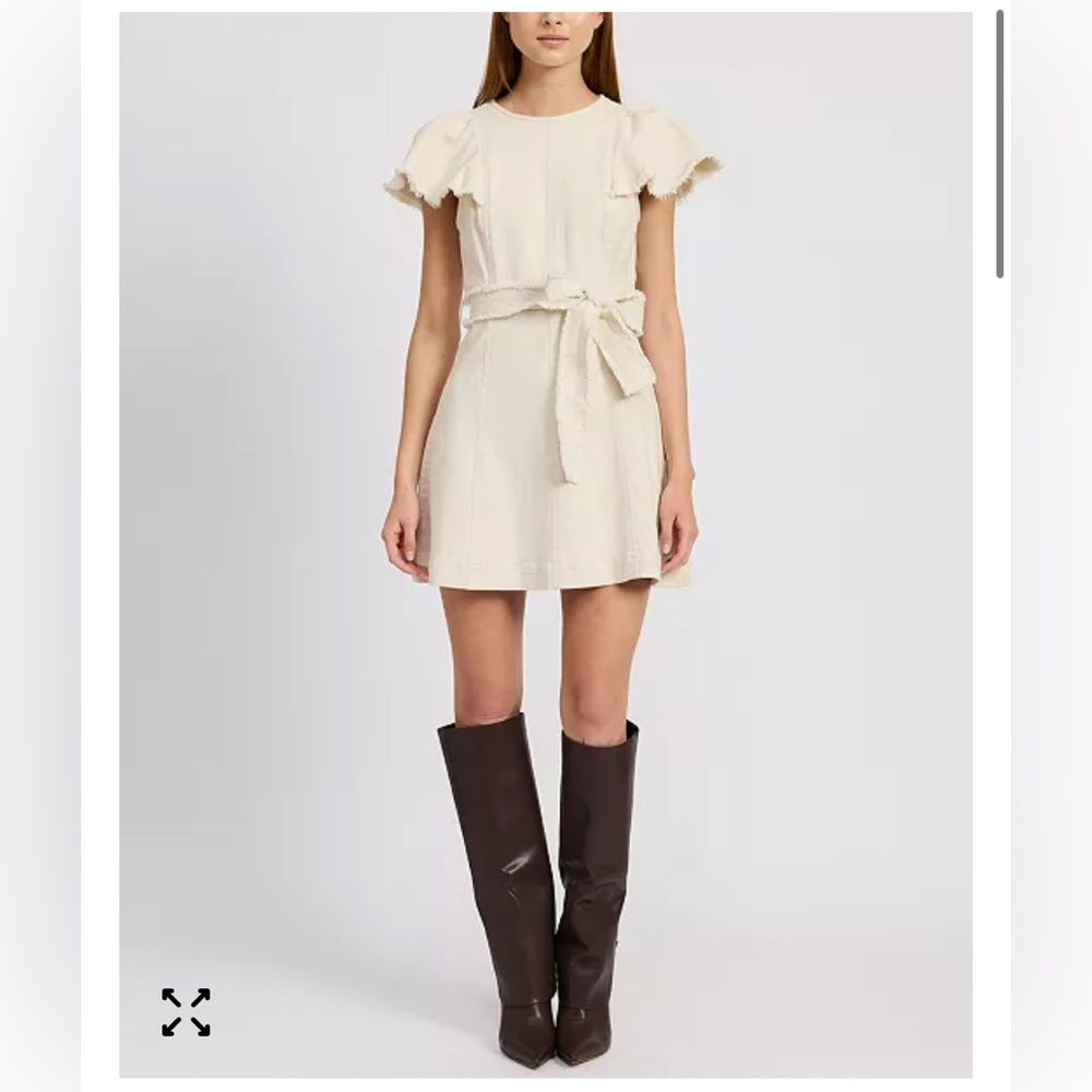 NWOT En Saison Gwendolyn Denim Mini Dress Size M, Ruffle Sleeves, Tie Belt